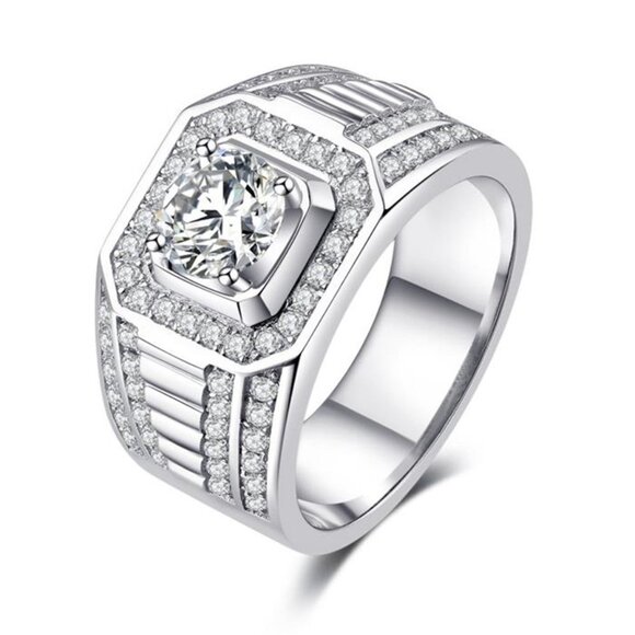 💍 Fever Square Glitter Zircon Silver Chunky Wedding Rings for Man PD663